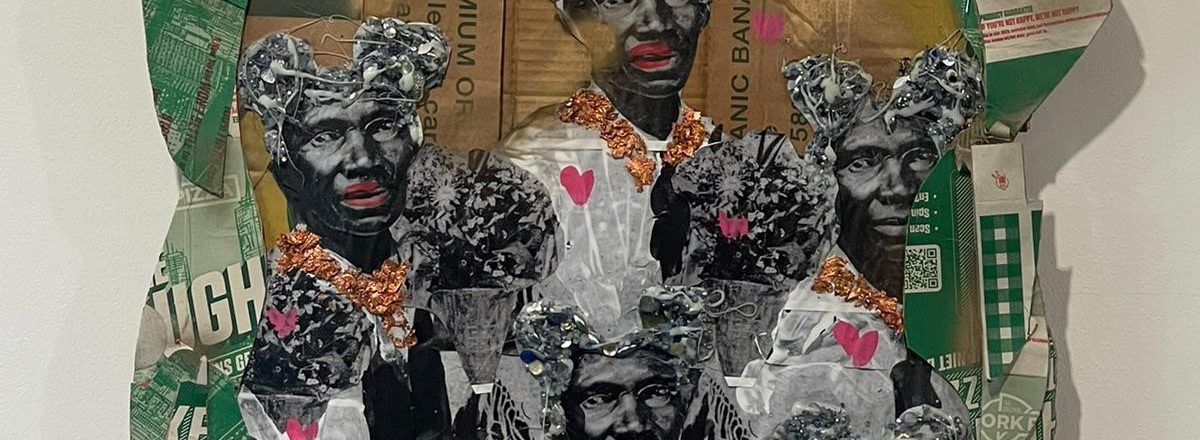 Een uit karton gemaakte collage met afbeeldingen van zwarte, vrouwelijke verzetshelden uit de tijd van de slavernij